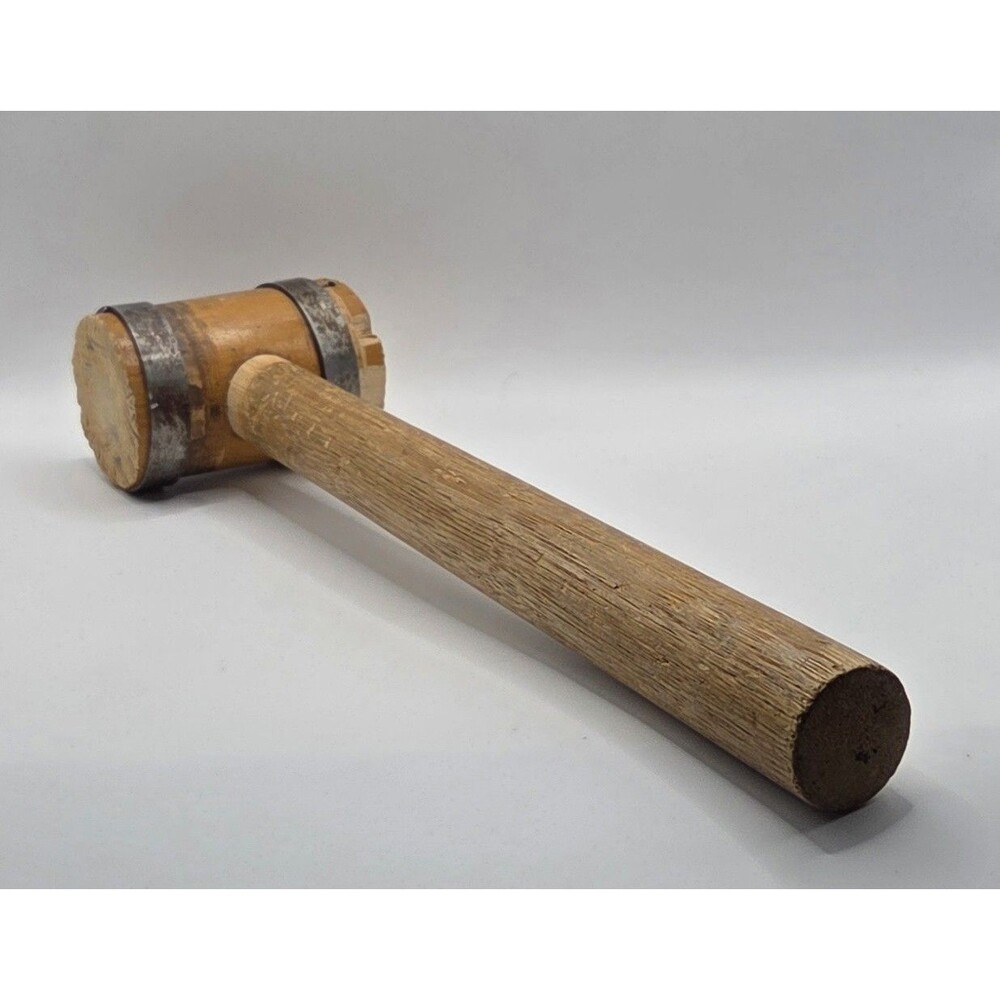 VTG Leather Working Wooden Mallet Cobbler Maul Saddle Maker Iron Bands
